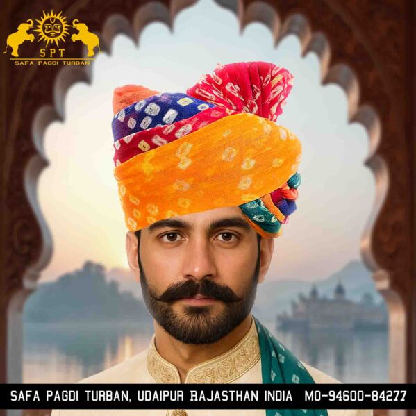 Multicolour Jodhpuri Long Tail Safa in Bandhej – Traditional Rajasthani Turban for Weddings & Festive Wear