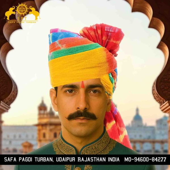 Royal Rajasthani Lehariya Pachrangi Safa Pagdi – Traditional Turban from Udaipur