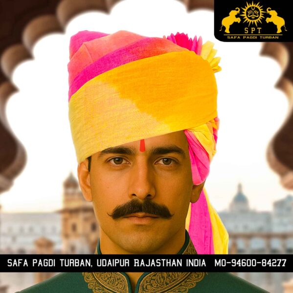 Yellow Pink Rajasthani Safa Pagdi for Wedding | Safa Pagdi Turban
