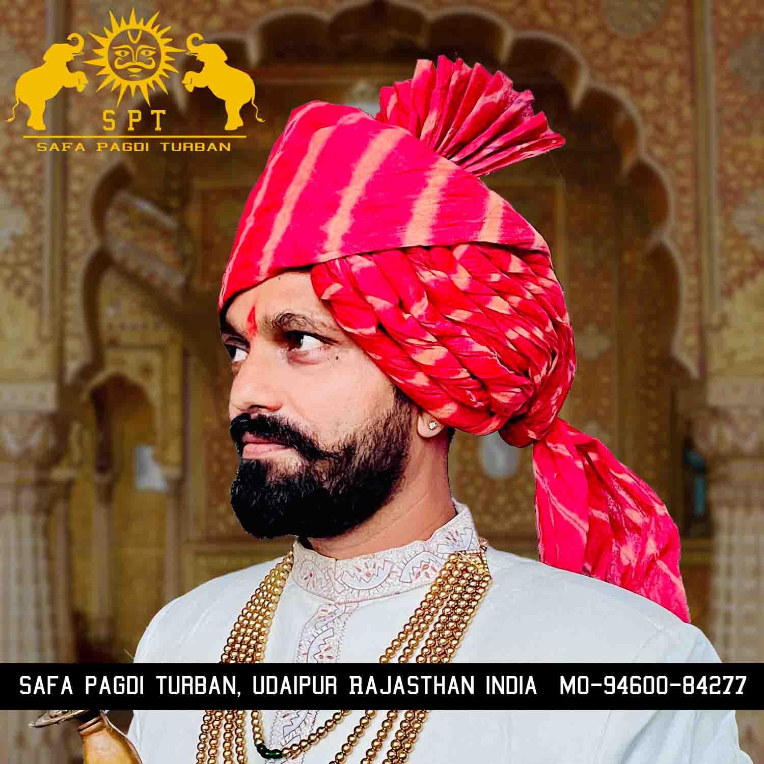 The Elegance of Jodhpuri Lehriya Long Tail Red Safa - Image 2